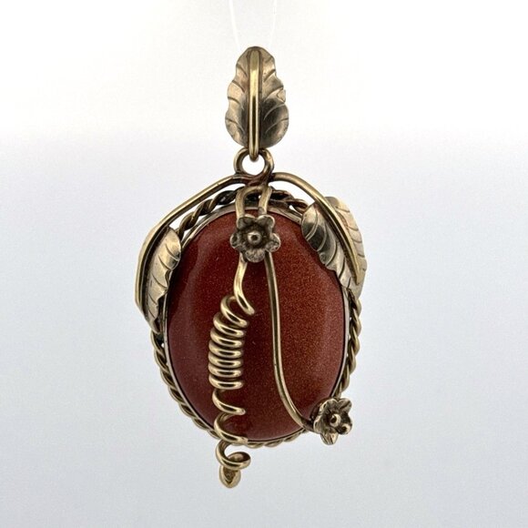 Estate Sterling Silver 925 Pendant Large Goldstone Gemstone Floral Leaf Design - Picture 1 of 8